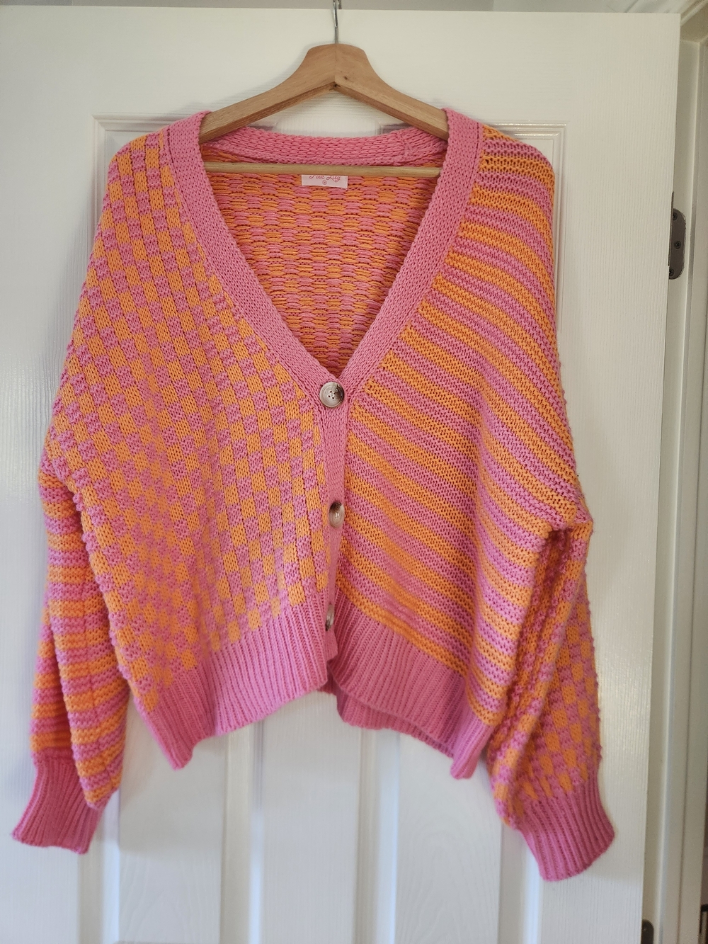 Pink Lily Pink & Orange Patchwork Knit Cardigan